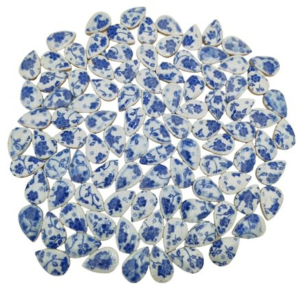 105PCS 28mm x 18mm Ceramic Raindrop DIY Mosaic Tiles, 500g Mosaic Tile Pieces for Handmade Mosaic Making Kits Art Projects Home and Outdoor Decoration (Blue and White Porcelain)