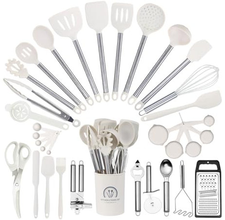 34-teiliges Silikon Kochutensilien Set Küchenhelfer Set Hitzebeständig Spülmaschinenfest Kochbesteck Spatel Set Mit Edelstahlgriff Küchenhelfer-Set Für Antihaftbeschichtetes Kochgeschirr , Beige White