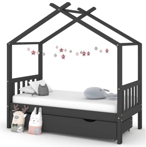 Willood Kinderbett mit Schubladen Hausbett Holzbett für Kinder mit Rausfallschutz Bettgestell mit Lattenrost Massivholz Kiefer Ohne Matratze Dunkelgrau 80 x 160 cm