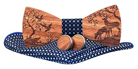 Generisch Holzfliege Herren Handgefertigte Hölz Fliege - Verstellbare Größe - Inkl Manschettenknöpfe, Einstecktuch, Holzfliege mit Elchmuster, Geschenkbox für Hochzeiten, Party, Weihnachten