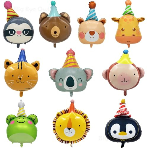 10 Stück Tierkopf Folienballon Tierköpfe Luftballon Dschungel Tiere Ballons Tierballons Waldtiere Luftballon Party Deko