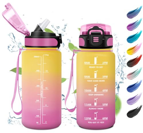 Borraccia 500ml, Borraccia Sportiva con Cannuccia, Facile Pulizia, a Prova di Perdite, Bottiglia Acqua Motivazionale con Indicatore del Tempo, Bottiglia per Sport, Ciclismo, Palestra, Ufficio, Scuola