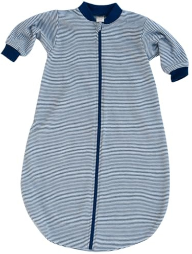 Baby Schlafsack mit Ärmeln, Gestreift Blau-Weiß, Temperaturausgleichend, für 20-22°C Raumtemperatur (Marine/Natur, 50-56)