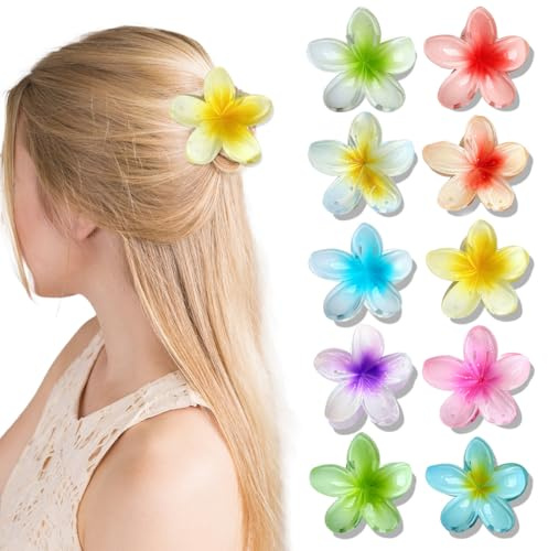Lot de 10 pinces à cheveux en forme de fleurs mignonnes en plastique - Pinces à cheveux hawaïennes pour femmes - Pinces à cheveux antidérapantes pour cheveux épais et fins