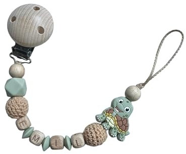 Personalisiertes Baby Geschenk Band Halter mit Namen Junge Holz Schildkröte beige grün