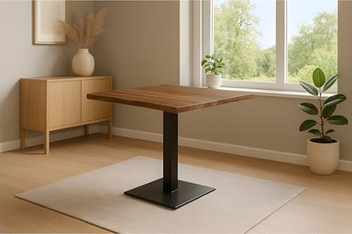 SAM Bistrotisch Iris 80x80 cm, Akazie Honig, Stempelfuß schwarz | Baumkantentisch massiv, Akazienholz honigfarben, echte Baumkante, Säulentisch/Esstisch aus Eisen