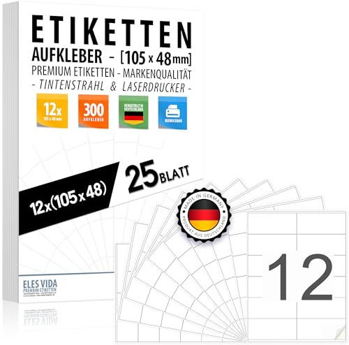 300 Selbstklebende 105 x 48 mm Adressaufkleber - 25 Blatt (12 pro | DIN A4 Bogen), Adressetiketten bedruckbar mit Inkjet- und Laserdrucker Aufkleber, Drucker Etiketten - MADE IN GERMANY