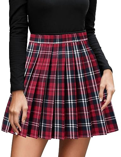 Vestidos elásticos Minifalda plisada a cuadros casual para mujer de cintura alta de piña, rojo, XXL