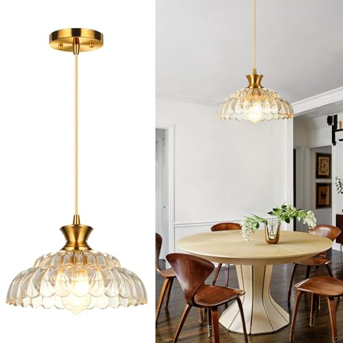 Hnexsei Moderner Glas-Pendelleuchte mit Gold E26 Fassung, Verstellbarem Kabel und Bernsteinfarbenem Strukturschirm, Deckenlampe Hängelampe für Küche, Esszimmer, Schlafzimmer (Bernstein)