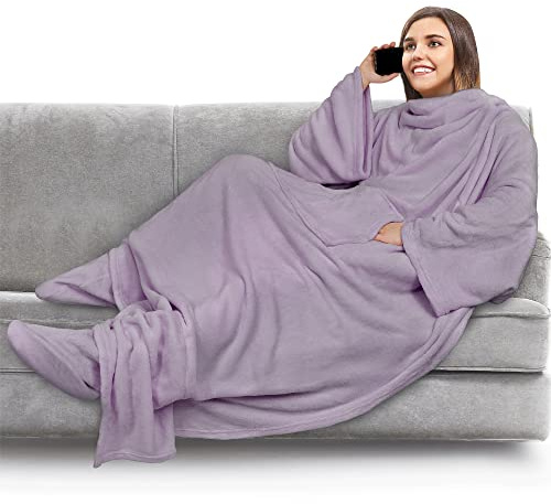 PAVILIA - Manta de forro polar con mangas y bolsillos para los pies, manta para llevar puesta de felpa cálida y acogedora para mujer y hombre