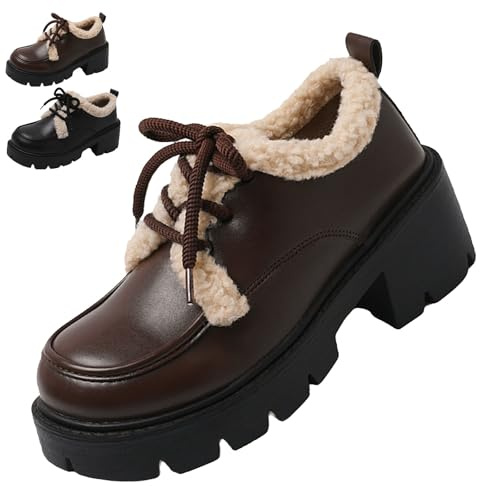 Mocasines gruesos de plataforma con forro de piel para mujer, cómodos zapatos de punta redonda con cordones para invierno, oficina, trabajo, zapatos de negocios elegantes, Brown, 34.5 EU