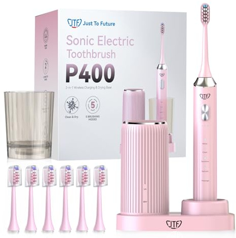 JTF 2026 NEW Sonic Electric Toothbrush with UV Cleaning & Drying, Wireless Charging Base, 5 Cleaning Modes, 6 Replacement Brush Heads, IPX7 Waterproof, 60 Days Battery, Mouthwash Cup, Pink