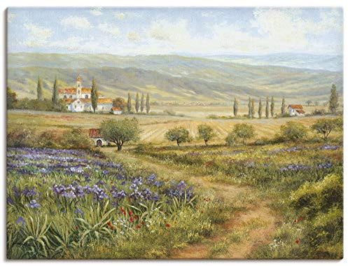 ARTLAND Wanddeko Leinwand Bilder Wandbild 80x60 cm Landschaft Provence Stadt Frankreich Natur Berge Malerei Grün T4CZ