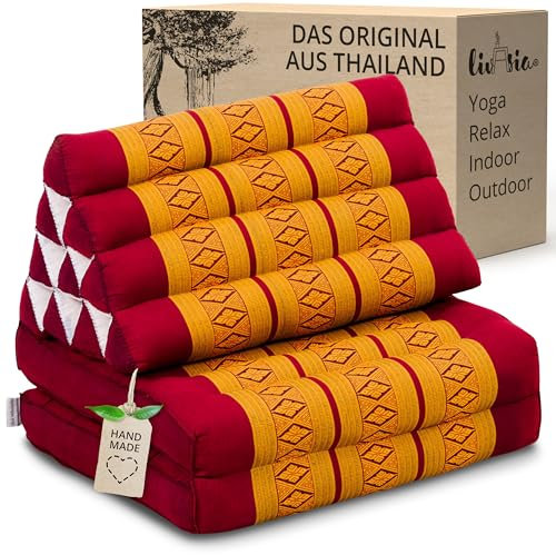 livasia Thaikissen mit 2 Auflagen - 120x50x8cm - Dreieckskissen mit Sitzkissen, Keilkissen mit Kapok, Rückenkissen faltbar, Thaimatte zum Klappen, handgefertigt, Meditationskissen (Rot/Gelb)