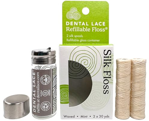 Dental Lace Refillable Silk Dental Floss – 100% Silk Floss with Mint Flavor, PFAS & PTFE Free – Includes 1 Refillable Glass Floss Container and 2 Spools (Total 60 Yards) – Recyclable Packaging
