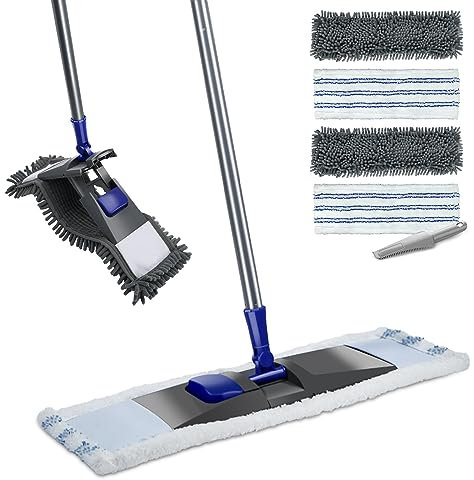 MASTERTOP Fregona Largo de Microfibra Giratoria 360° Mopa Plana de Chenille para Limpieza de Suelo Seco y Húmedo con 4 Cabezales Trapeador Grande con Palo Acero Inoxidable para Hogar y Cocina