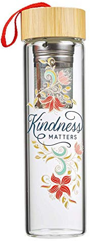 Kindness Matters – Doppelwandige isolierte Wasserflasche aus Glas mit Sieb für losen Tee, Obst, Kaffee, inspirierende Blumen-Reise-Wasserflasche für Damen, heiße oder kalte Getränke, 425 ml