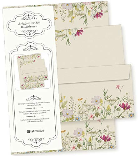 TATMOTIVE Wildblumen 25 Sets Briefpapier mit Umschläge, Feines Design, erstklassiges 90g Naturpapier, beidseitig floral Natur für Frauen Erwachsene Brief Set