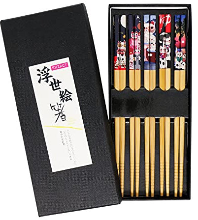 EXZACT Essstäbchen-Geschenkset - 5 Paar Wiederverwendbare Natürliche Bambus-Essstäbchen In Einer Schönen Schwarzen Handgefertigten Schachtel - Dekorierter Japanischer Glückskatzen