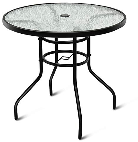 COSTWAY Trädgårdsbord med paraplyhål, 80 x 80 x 71 cm, terrassbord med bordsskiva av härdat glas och metallram, runt balkongbord, utomhusmatbord för terrass, trädgård, balkong