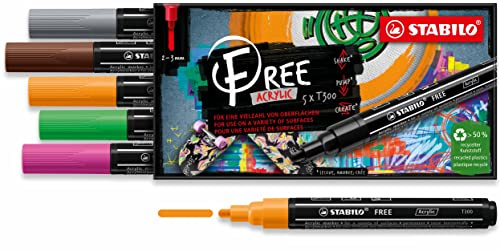 STABILO - Acrylmarker - FREE Acrylic - T300 Rundspitze 2-3mm - Vintage - 5er Pack - mit 5 verschiedenen Farben