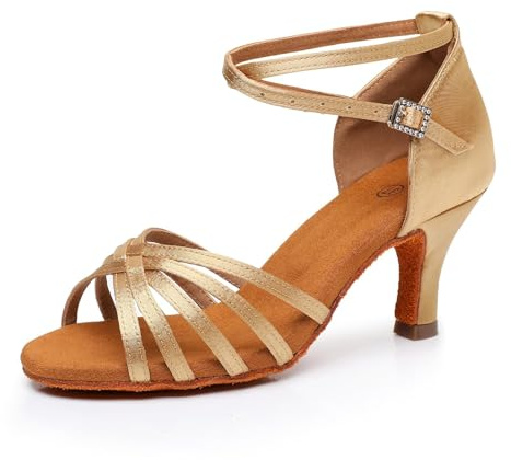 Rosefinch Women's Latin Dance Shoes Satin Professional Ballroom Salsa Practice Performance Wedding Dancing Shoes，Dance High Heels for Women Beige 2.75inch Heel