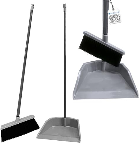 Long Handled Dustpan and Brush Set, Indoor Broom and Dustpan Set with Soft Sweeping Brush and Upright Dust Pan, Tall Dustpan and Brush Set House Cleaning Kit for Kitchen and Lobby (Silver)
