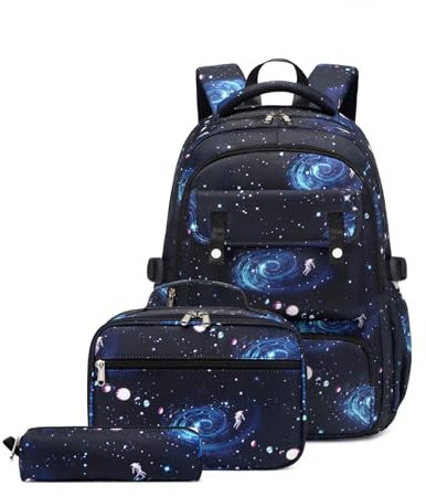 Mildame Galaxy Backpack for Boys with Lunch Box Set, 3Pcs Boys Bookbag for Elementary, 3 in 1 Teens Space Printed School Bag