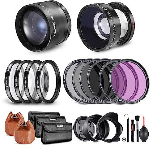 NEEWER 52mm Lens and Filter Set: Wide Angle/2.2X Telephoto Additional Lens for 18mm-85mm APS-C Lens, (+1+2+4+10) Close Up Macro/ND/UV/CPL/FLD Filters for Camera Lens with ⌀52mm Thread