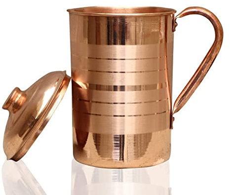 Zig Zag Hand Made Pure Copper Jug Tumblers for Storing and Drinking Water with Lid Authentic and Strong Riveted Handle - Holds 60 OZ