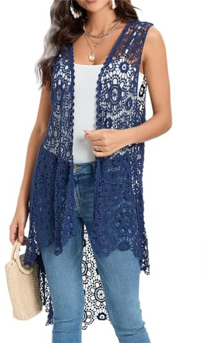 Lässige lange Häkelweste für Damen, lockere Passform, Boho-Spitze, ärmellos, Cardigan