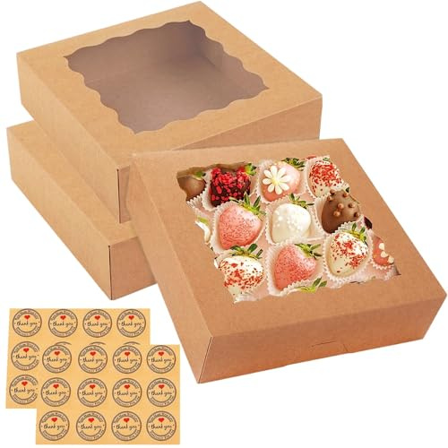 30 Pack Cardboard Bakery Boxes with Window 8x8x2.5 Inch, Pie Boxes Brown Donut Boxes, Cookie Boxes for Strawberries, Cakes, Cupcakes, Pastries, Pies, Donuts, Cookies, Muffins, Chocolates