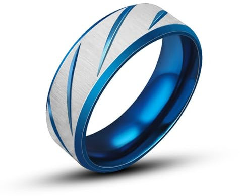 Skcess Edelstahl Männer Ring, Ringe Herren Blau 6 Mm Mattiert mit Streifen Ringe für Herren Männer Größe 54 (17.2)