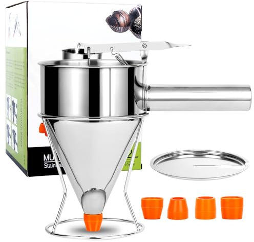 Sumotia Teigspender, 1200ml Edelstahl Teigportionierer Pfannkuchen Teigspender mit Ständer, Verdicken Kuchenspender mit 4 Verschiedene Silikondüse für Pfannkuchen Desserts, Cupcake, Waffeln