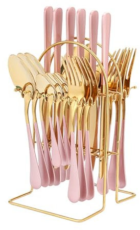 Justup Juego de cubiertos para 6 personas, 24 piezas, acero inoxidable pulido, incluye cuchillo, tenedor, cuchara, cuchara de café, juego de vajilla con soporte para casa, cocina, restaurante (rosa)