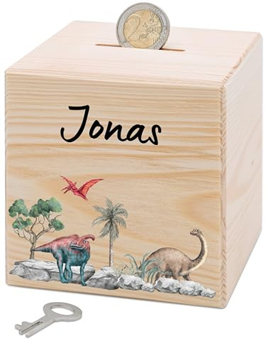 Bärenfreunde® - Personalisierte Spardose Kinder aus Holz mit Metallschloss - Spardose mit Namen mit kinderfreundlichem UV-Druck zum Sparen für Kinderträume (Dinos Szenario)