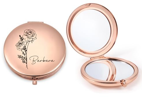 jewelora Personalisierte Taschenspiegel Klappbar mit Geburtsblumen und Namen Schminkspiegel Klein Reisespiegel für Damen Mädchen Mama Freundin Hochzeit Weihnachten Personalisierte Geschenk (Roségold)