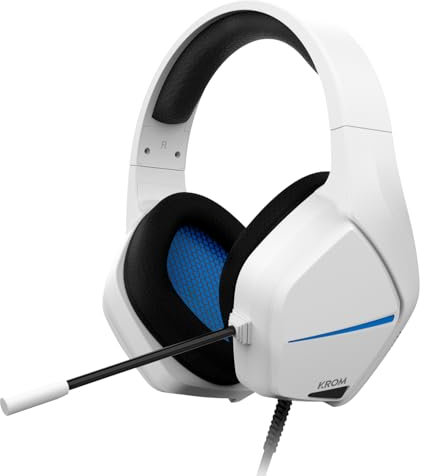 KROM KOPA Move – Auriculares Gaming Estéreos con Drivers de 50 mm, Micrófono Omnidireccional, Control de Volumen y Mute en Auricular, Diadema Ligera y Ajustable, Conexión Jack 3,5 mm – Blanco