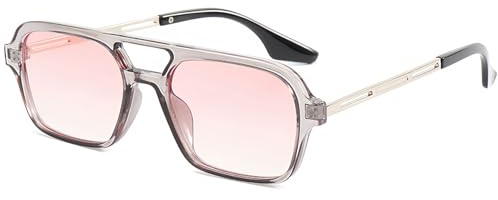 RUNHUIS Vintage Klassische 70er Jahre Quadratische Sonnenbrille für Damen Herren Trendy Retro Slim Rechteck Brille Transparent Grau-Silber/Rosa