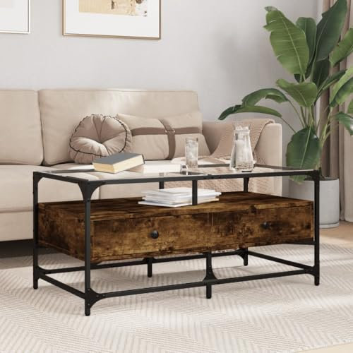 Homgoday Table Basse avec Dessus en Verre chêne fumé 98,5x50x45 cm Acier, Table d'appoint de Salon avec Tiroirs et Étagère, Table de Bout de Canapé, Table Centrale pour Café Bureau
