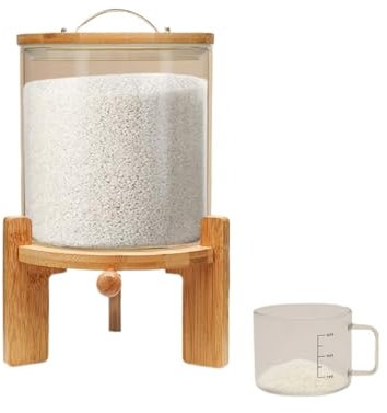 Reisspender Glas mit versiegeltem Deckel - Luftdichter Getreidebehälter für Müsliaufbewahrung mit Holzständer und Messbecher