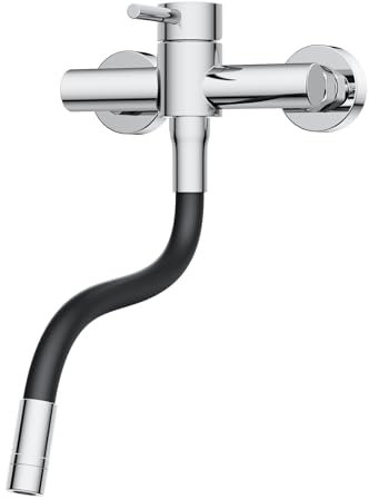 HURRAN Wasserhahn Wandmontage, 360° Schwenkbare Küchenarmatur mit Silikonschlauch, Einhebelmischer aus Edelstahl, Chrom