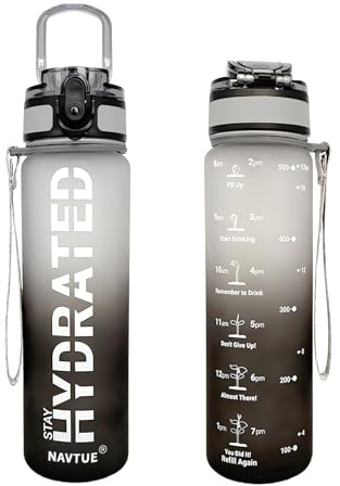 NAVTUE Trinkflasche, 500ml Wasserflasche BPA-frei, Zeitmarkierungen, Auslaufsicher Sport trinkflasche für Fitness, Radfahren, Büro, Laufen, Fitnessstudio, Yoga (SchwarzGrau Schnelltrink 500ml)