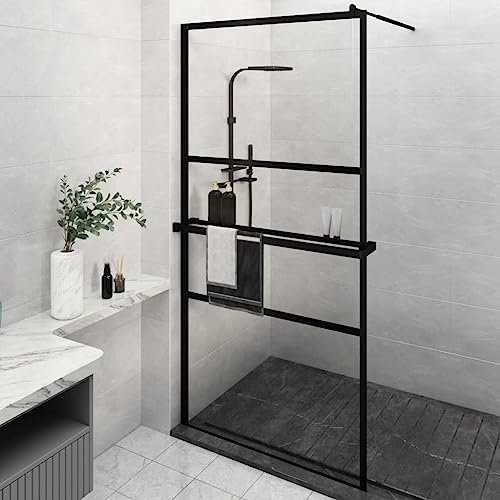 Furniture Select-Paroi de douche avec étagère en verre ESG et aluminium Noir 115 x 195 cm