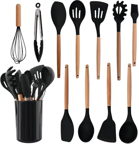 Set Utensilios de Cocina, Utensilios de cocina de silicona, utensilios de cocina antiadherentes, utensilios de cocina con mango de madera, juego de utensilios for hornear, color rosa, 9 Uds.(Black 12P