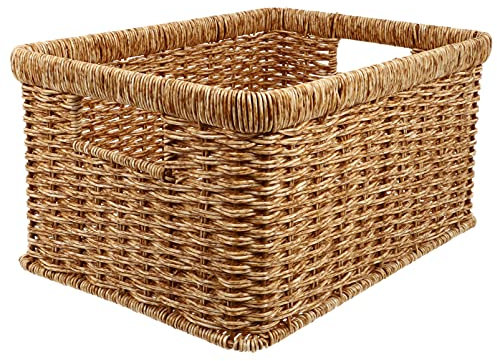 Cesta de almacenamiento tejida de jacinto de agua para dormitorio y sala de estar, cesta de mimbre marrón para ropa, juguetes y artículos diversos