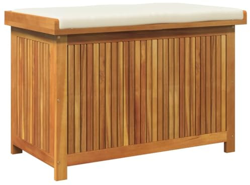 Canditree Banc de Rangement Extérieur avec Coussin, Coffre de Rangement en Bois d'acacia Massif, Coffre à Coussin pour Jardin Patio (Blanc crème,90x50x60,5 cm)