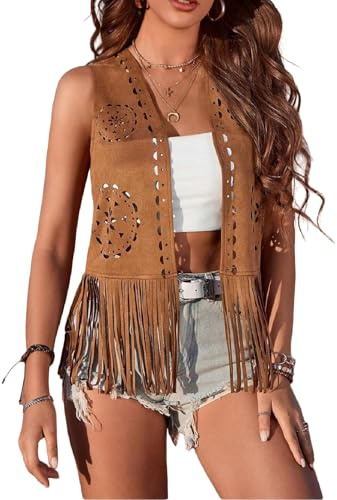 Qianderer Dam Fransad Väst 60-tal 70-tal Hippie Väst Ärmlös Cowgirl Väst Falsk Mocka Tofs Läder Jacka Boho Väst Vintage Hippie Ytterkläder