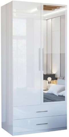 SLIDING WARDROBE 4U High Gloss 2 Door Hinged Wardrobe with Mirror, Drawers, Shelves & Hanging Rail – Freestanding Bedroom Storage – 80cm / 90cm – White, Black or Grey (White, 80cm)