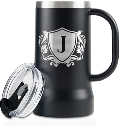 Onebttl Personalised Beer Stein – Custom Monogram Beer Mug with Handle, 24oz Double-Walled Stainless Steel – Gift for Beer Lovers, Dad, Him – Birthday, Holiday - Letter J